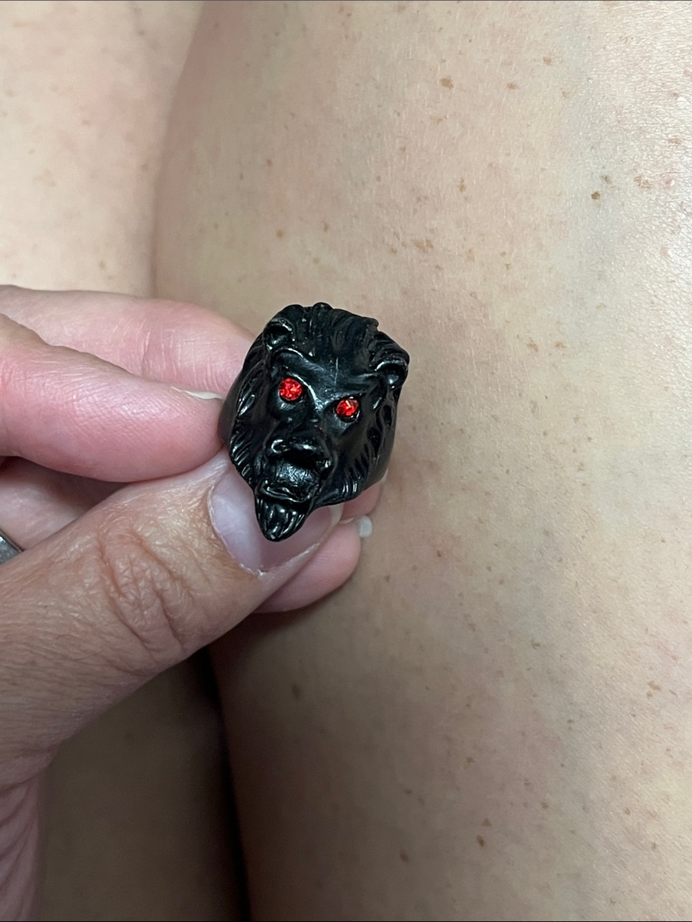 Matte Black Lion Head Ring with Red Stone Eyes- Lion Amulet